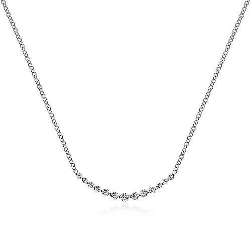 14K White Gold Curved Diamond Bar Necklace