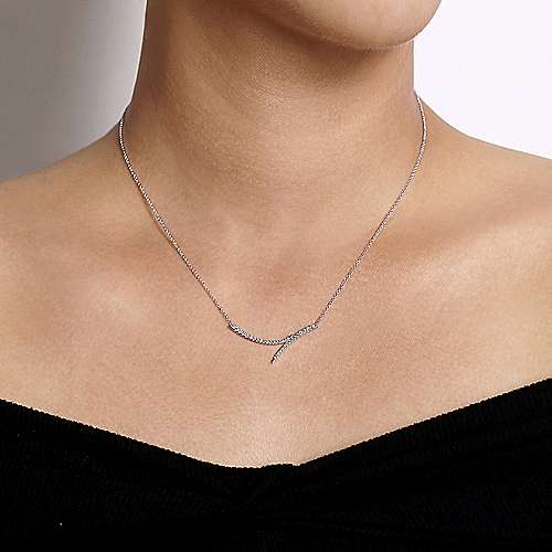 14K White Gold Curved Double Diamond Bar Necklace