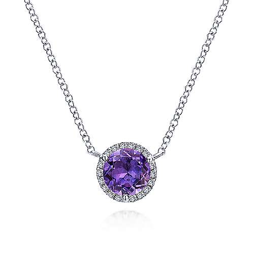 14K White Gold Round Amethyst and Diamond Halo Pendant Necklace