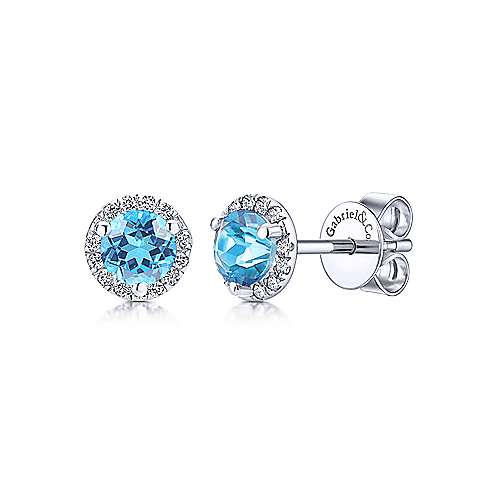 14K White Gold Round Cut Diamond Halo & Swiss Blue Topaz Stud Earrings
