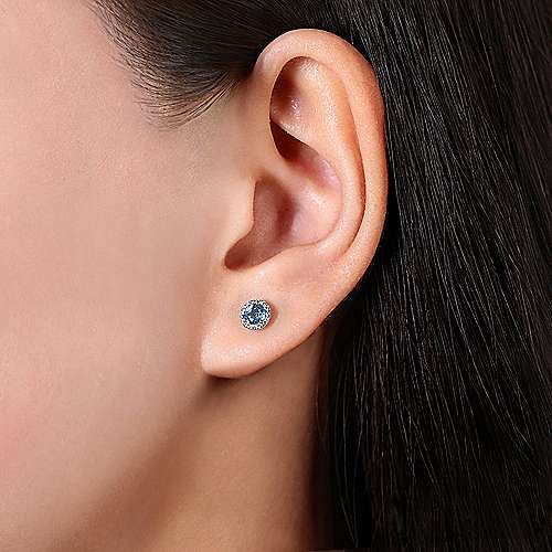 14K White Gold Round Cut Diamond Halo & Swiss Blue Topaz Stud Earrings
