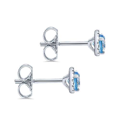 14K White Gold Round Cut Diamond Halo & Swiss Blue Topaz Stud Earrings