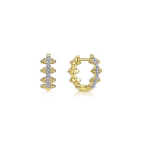 14K Yellow Gold Beaded Pave 10mm Diamond Huggie Earrings