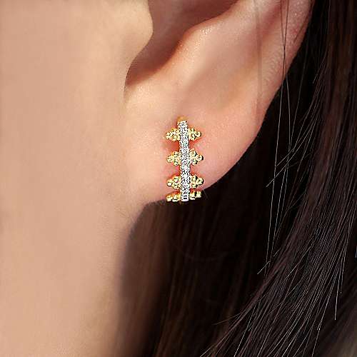14K Yellow Gold Beaded Pave 10mm Diamond Huggie Earrings