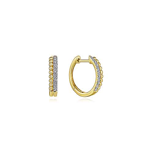 14K Yellow Gold Beaded Pave 10mm Diamond Huggie Earrings