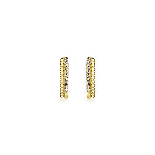 14K Yellow Gold Beaded Pave 10mm Diamond Huggie Earrings