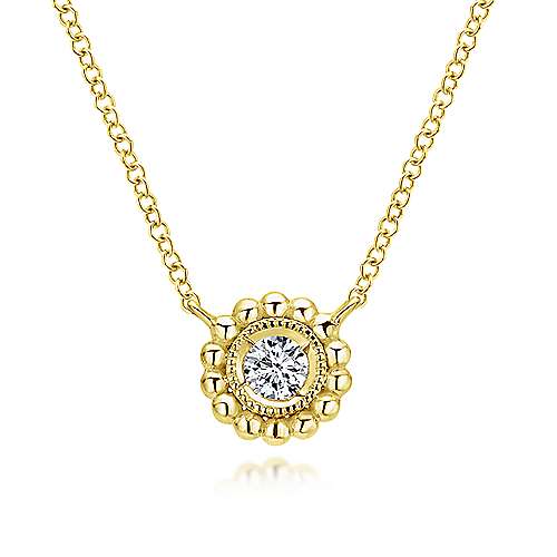 14K Yellow Gold Beaded Round Bezel Set Diamond Pendant Necklace