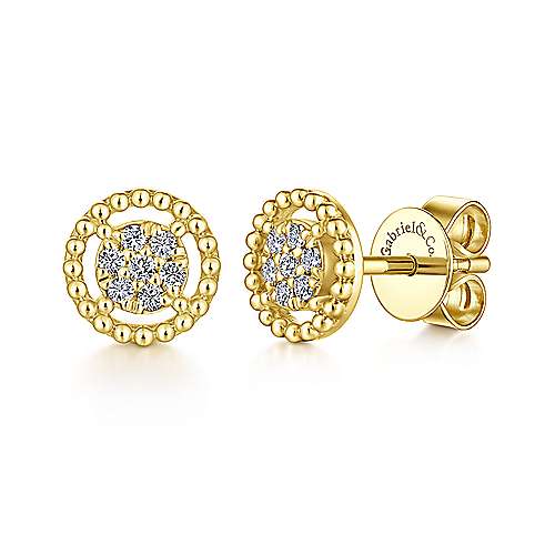 14K Yellow Gold Beaded Round Frame Diamond Cluster Stud Earrings