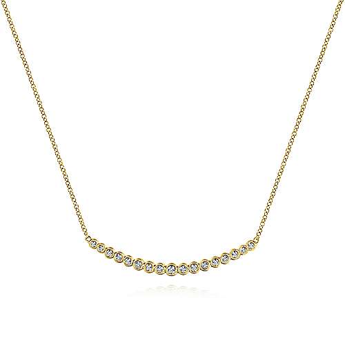 14K Yellow Gold Graduated Round Bezel Set Diamond Curved Bar Necklace