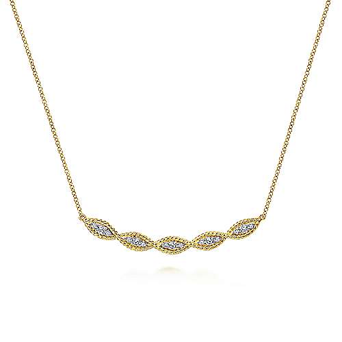 14K Yellow Gold Twisted Curved Diamond Bar Necklace