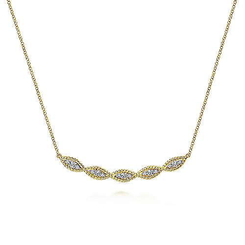 14K Yellow Gold Twisted Curved Diamond Bar Necklace