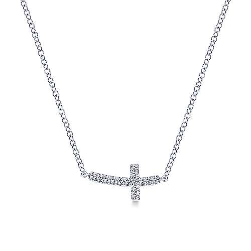 14k White Gold Sideways Curved Diamond Cross Necklace