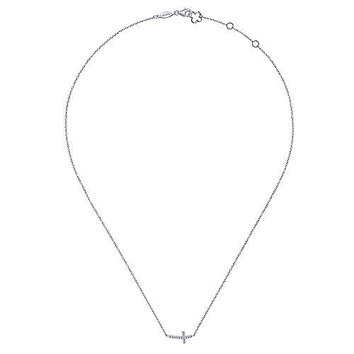 14k White Gold Sideways Curved Diamond Cross Necklace