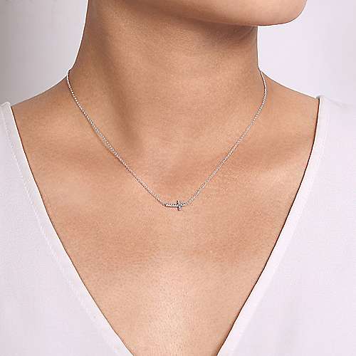 14k White Gold Sideways Curved Diamond Cross Necklace