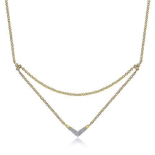 14K Yellow Gold Pave Diamond Layered Chain Fashion Necklace
