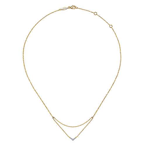 14K Yellow Gold Pave Diamond Layered Chain Fashion Necklace