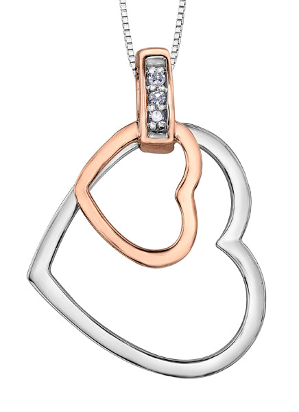 Two Tone Rose Gold and  Double Heart Shapes Diamond Pendant Necklace