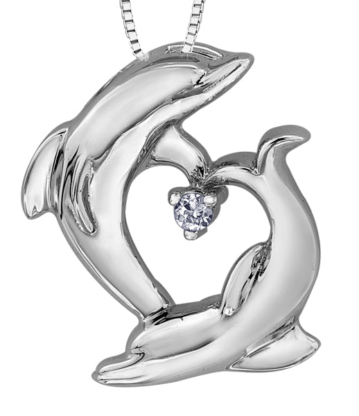 Diamond White Gold Dolphins Pendant Necklace