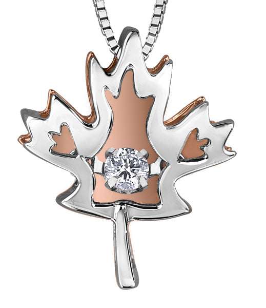 Dancing Diamond Two Tone Maple Leaf Pendant Necklace